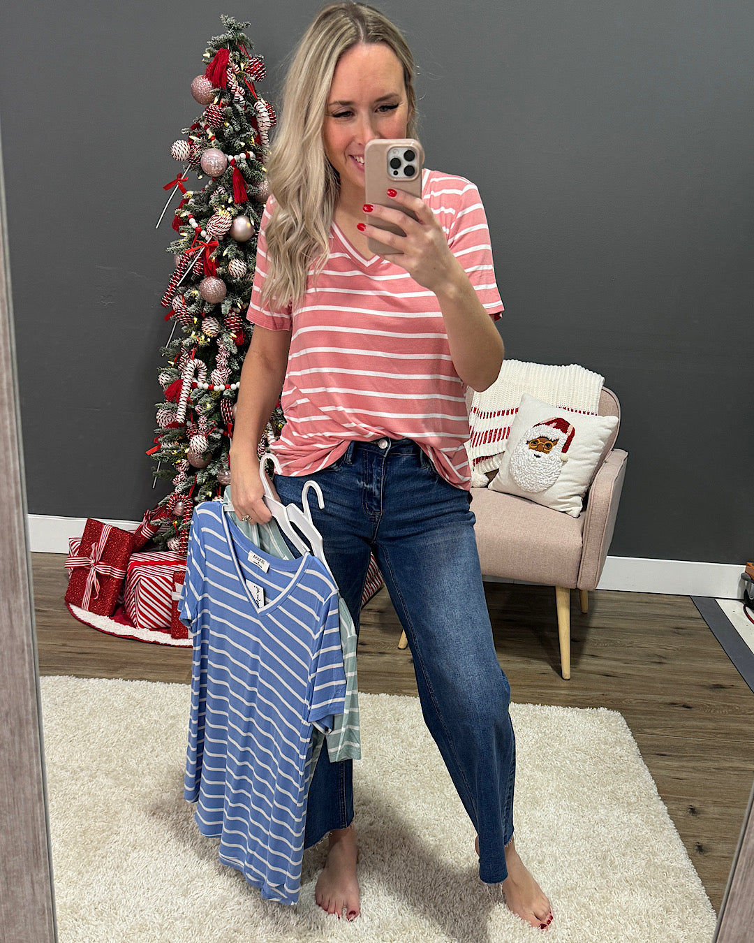 Striped V Neck Top - Ash Rose FINAL SALE Zenana