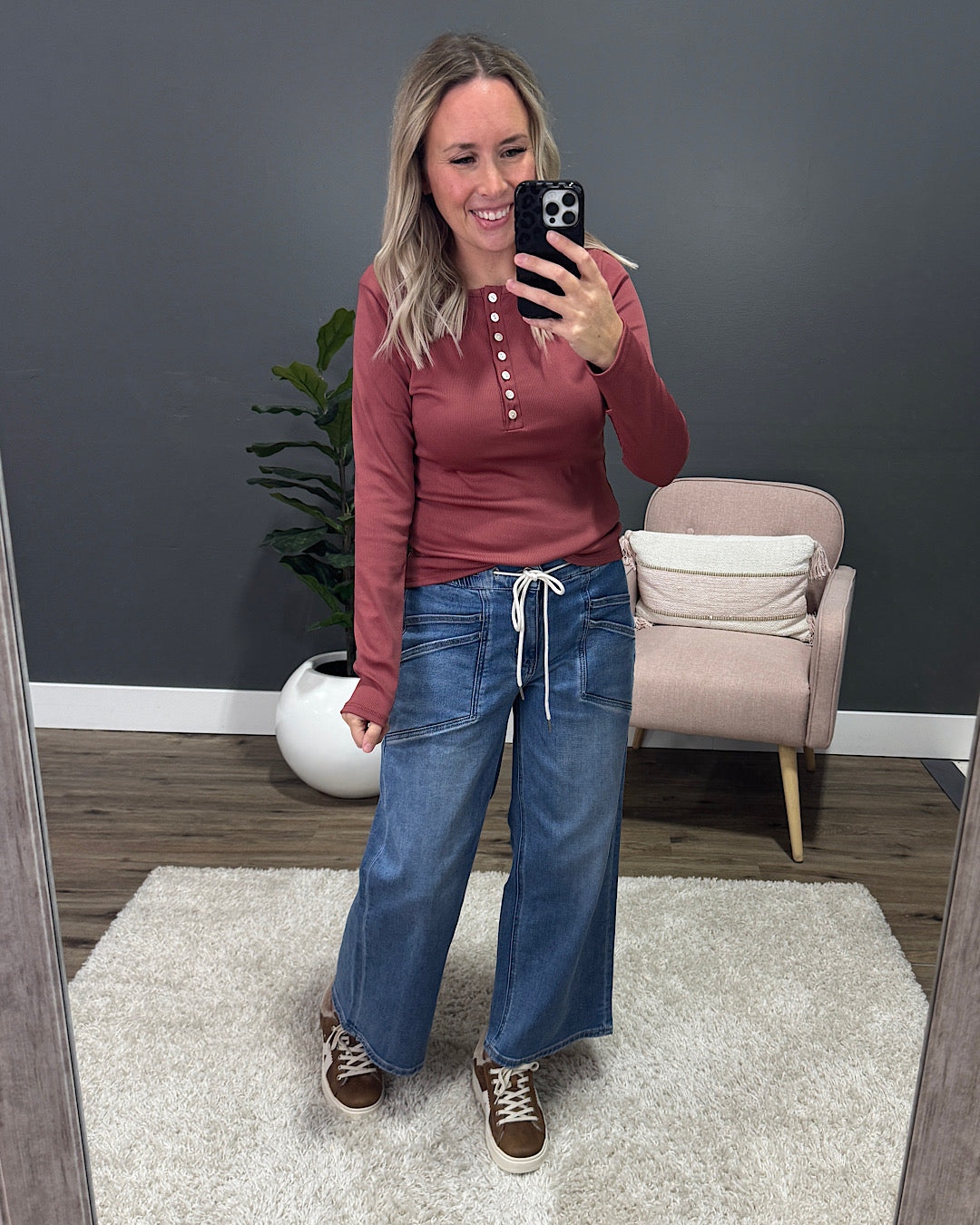 NEW! Tatum Micro Ribbed Henley Top - Dark Rose Lovely Melody
