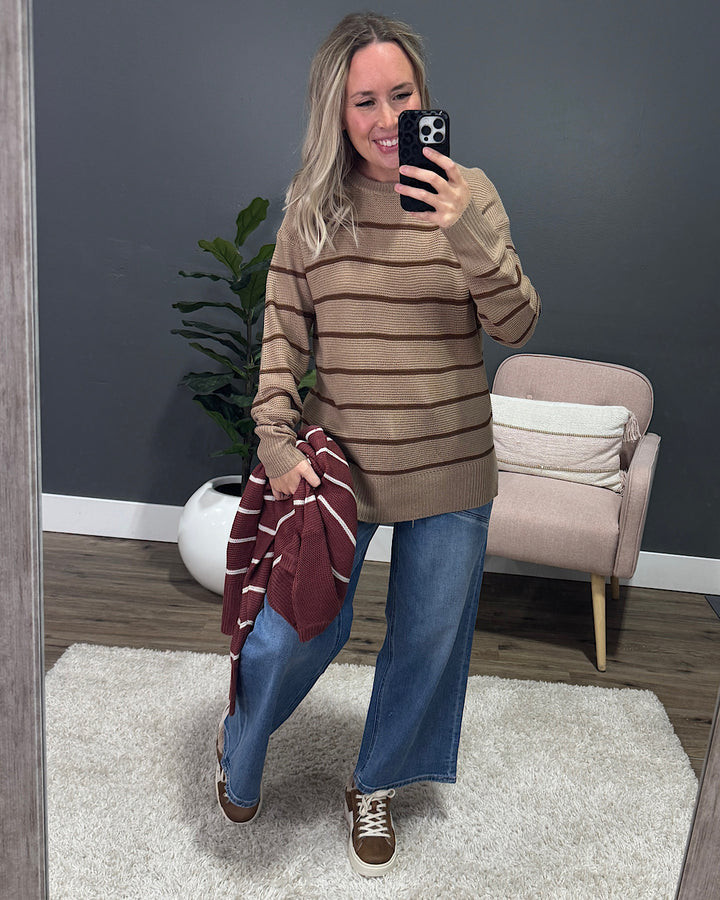 NEW! Andrea Striped Side Slit Sweater - Mocha Be Cool