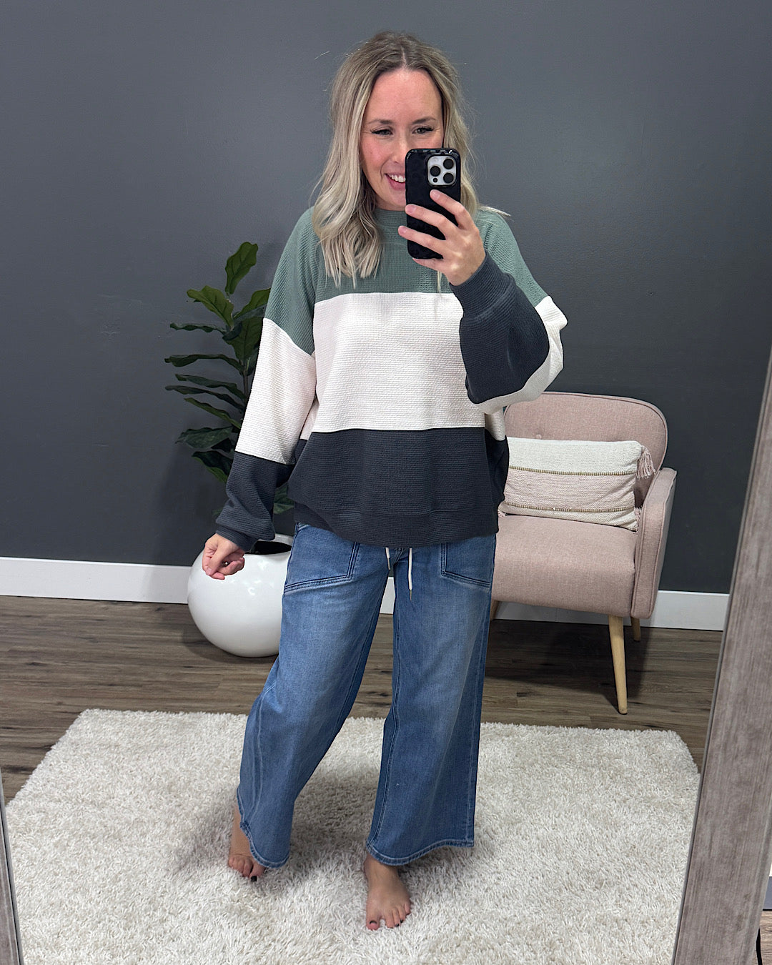 NEW! Penny Cloud Knit Color Block - Sage, Cream & Charcoal Tres Bien