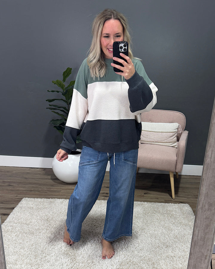 NEW! Penny Cloud Knit Color Block - Sage, Cream & Charcoal Tres Bien