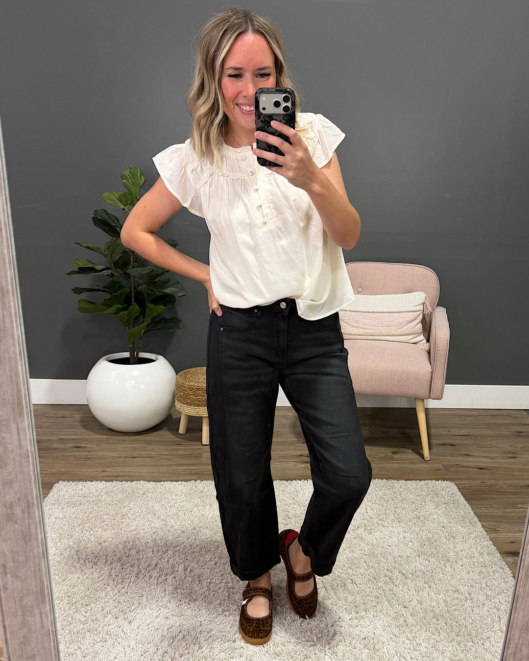 NEW! Raya Ruffled Henley Blouse - Ivory