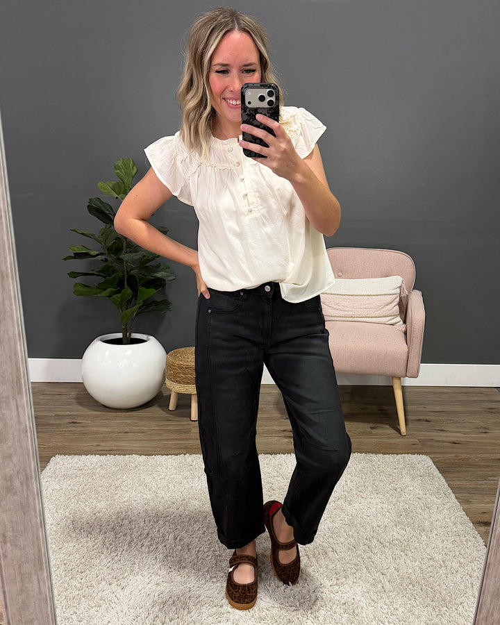 NEW! Raya Ruffled Henley Blouse - Ivory