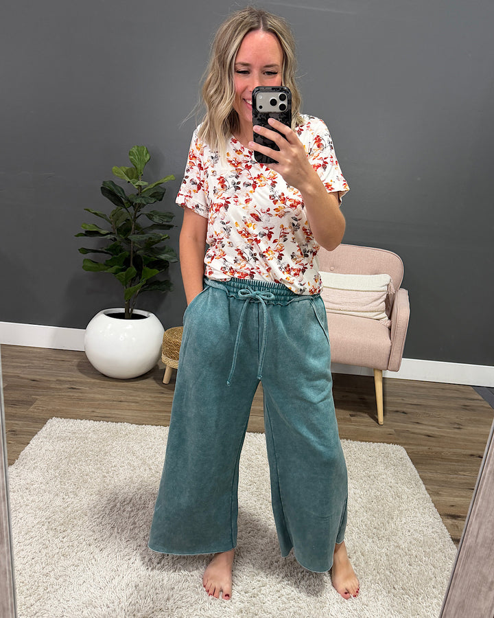 NEW! Cropped Wide Leg Comfy Pants - Teal Zenana