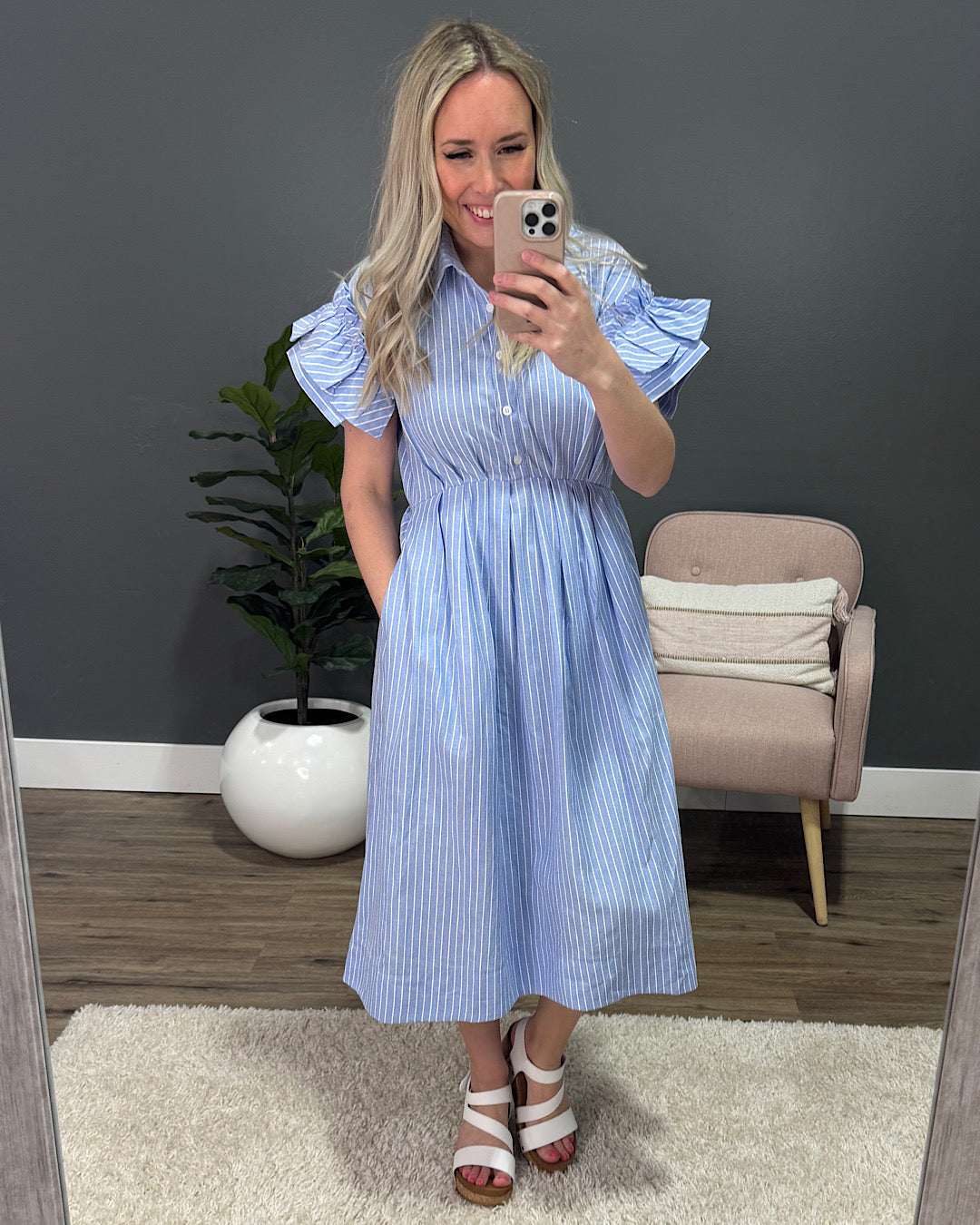 Carmine Striped Ruffle Sleeve Midi Dress - Blue Heyson