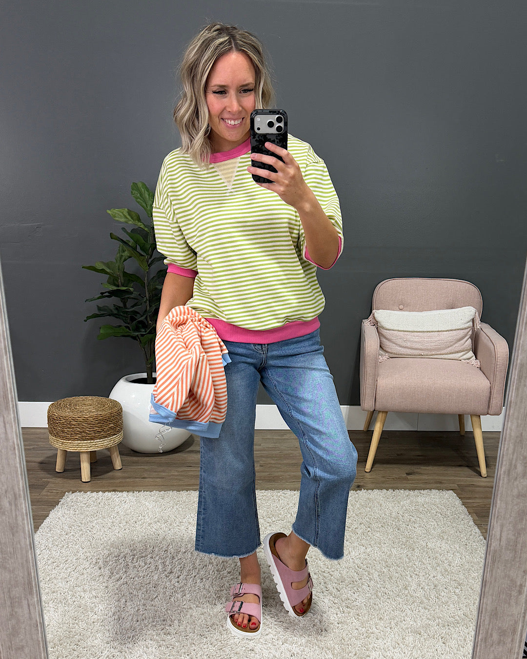 NEW! Jillian Striped Half Sleeve Top - Green & Pink Staccato