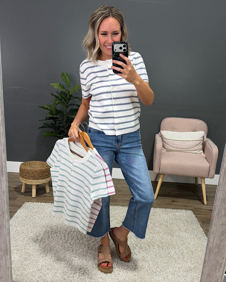 NEW! Courtney Striped Short Sleeve Cardigan - Pink Be Cool