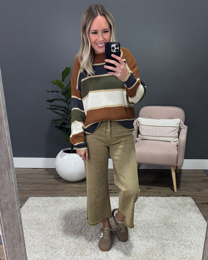 NEW! Autumn Dreams Striped Sweater - Camel and Olive