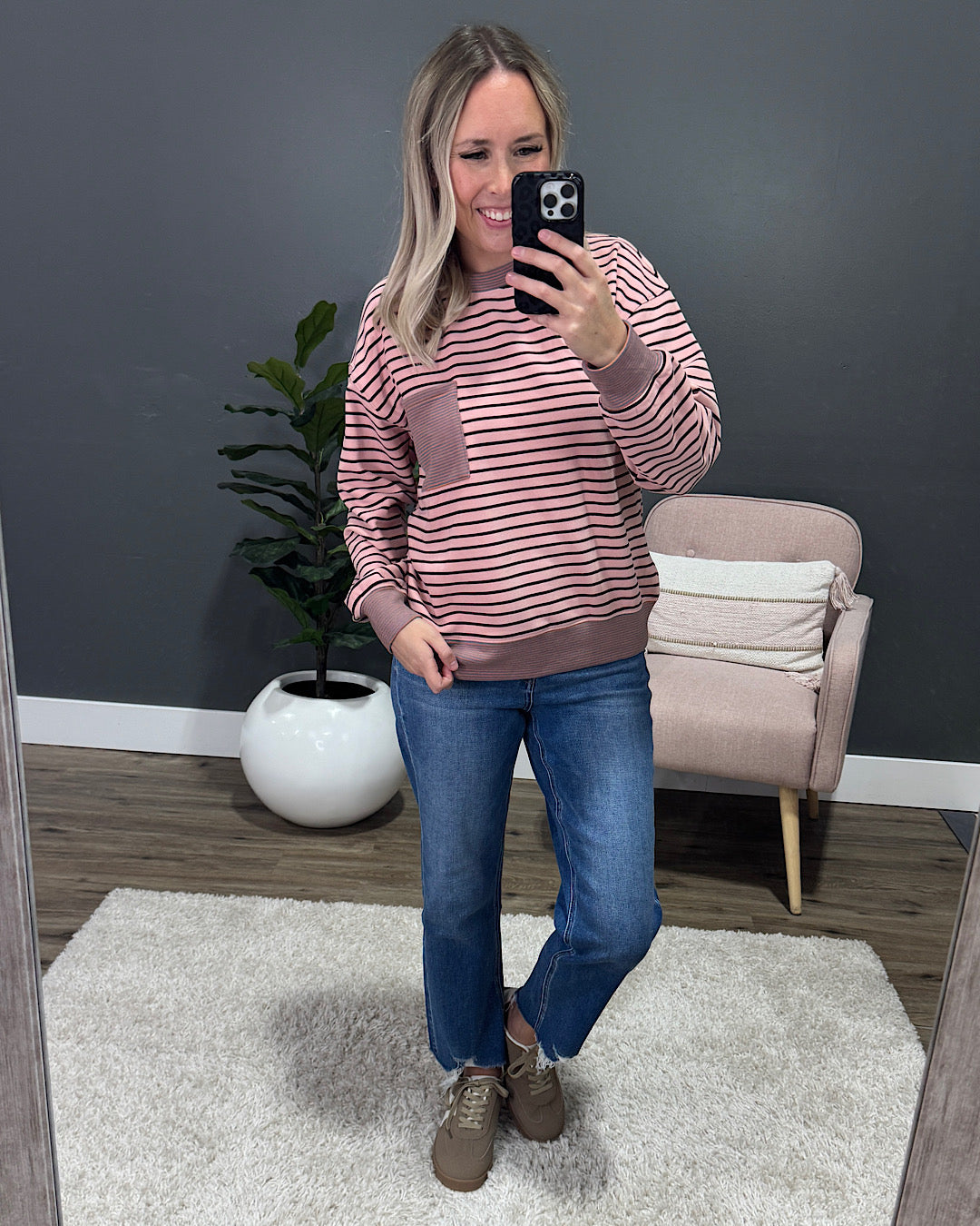 NEW! Trina Brushed Contrast Striped Pocket Top - Pink