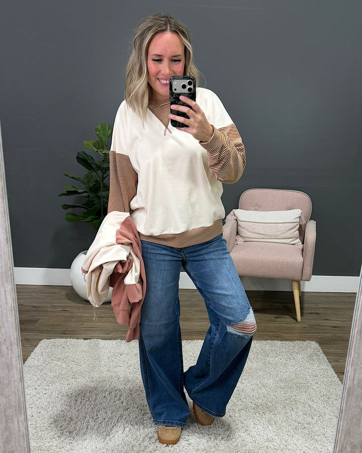 NEW! Danielle Striped Sleeve Brushed Top - Camel