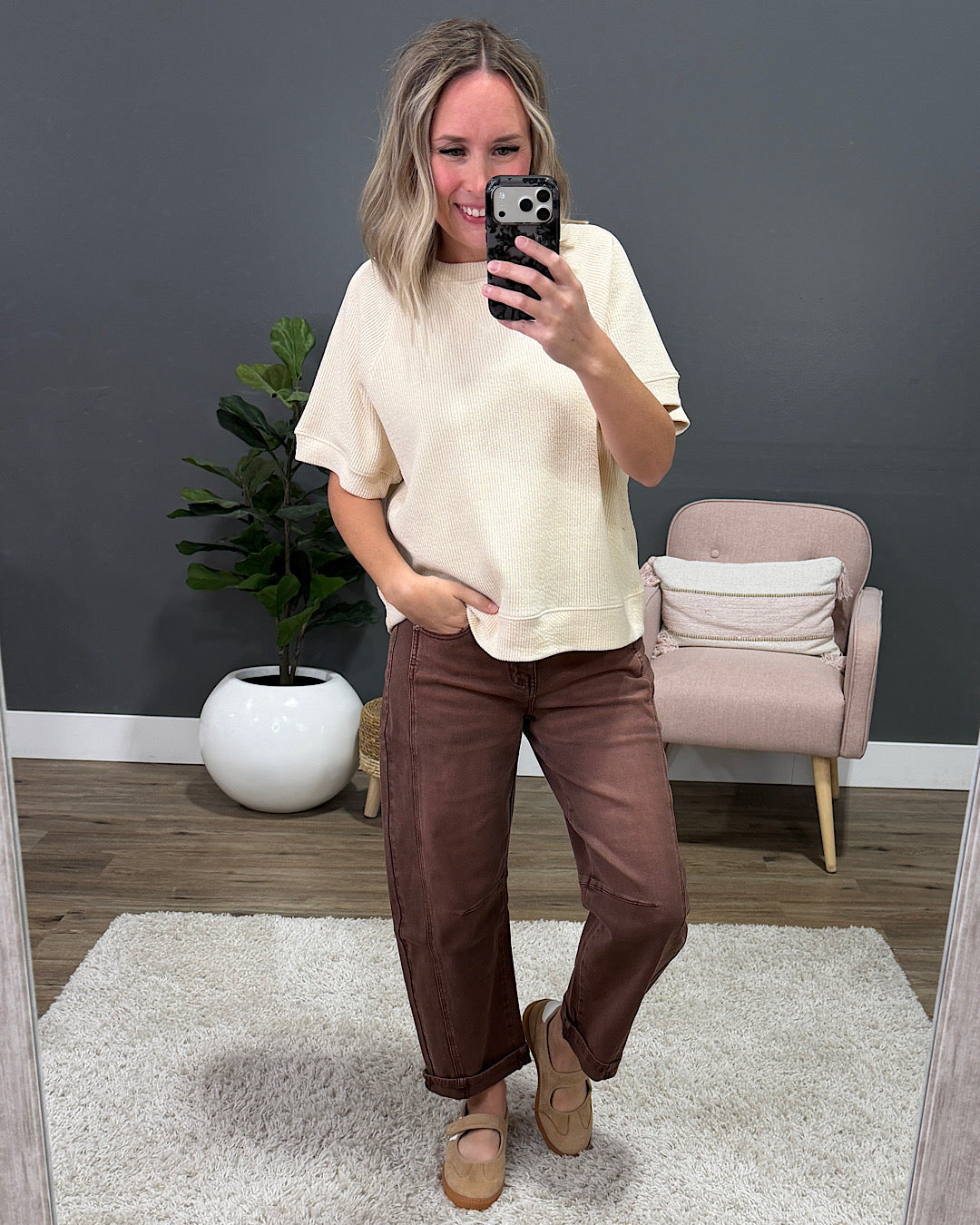 NEW! Malia Corded Banded Bottom Top - Cream