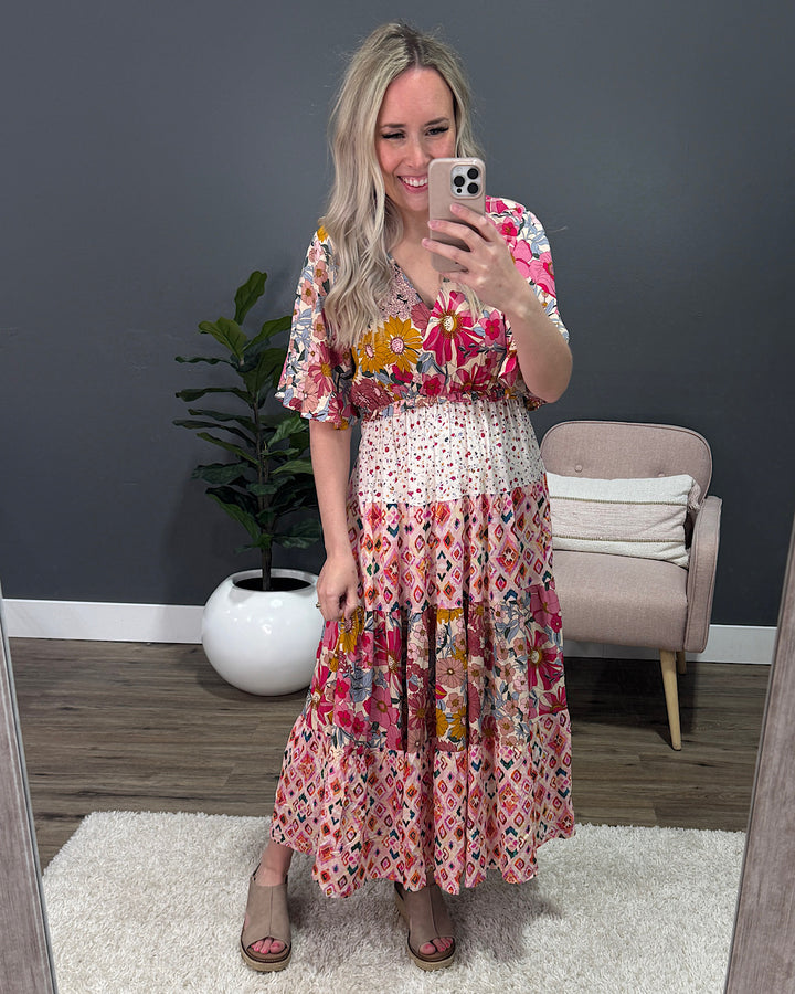 Alyssa Mixed Pattern Floral Midi Dress - Rose Bibi