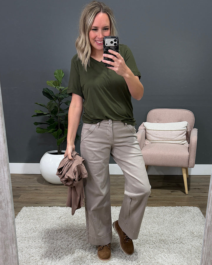 NEW! Sophie V Neck Top - Dark Olive Michelle Mae
