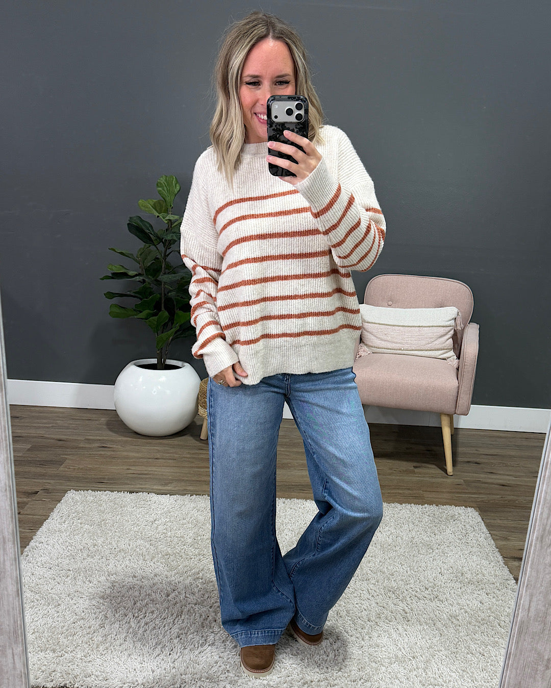 NEW! Desi Ribbed Striped Sweater - Oatmeal & Rust Staccato