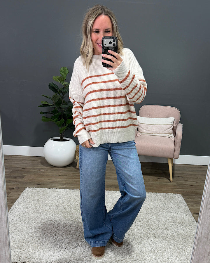 NEW! Desi Ribbed Striped Sweater - Oatmeal & Rust Staccato