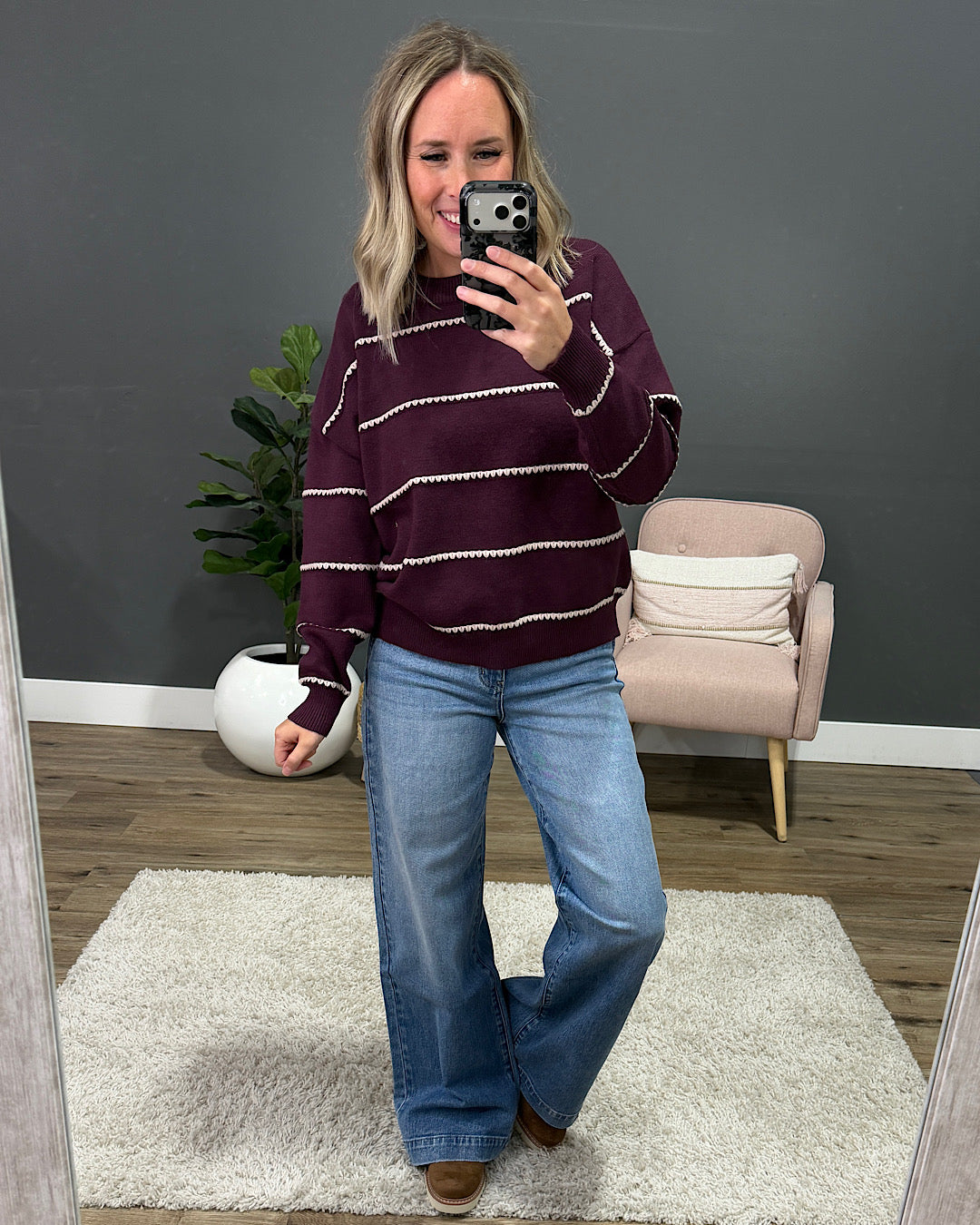 NEW! Jessie Textured Striped Sweater - Dark Plum Staccato