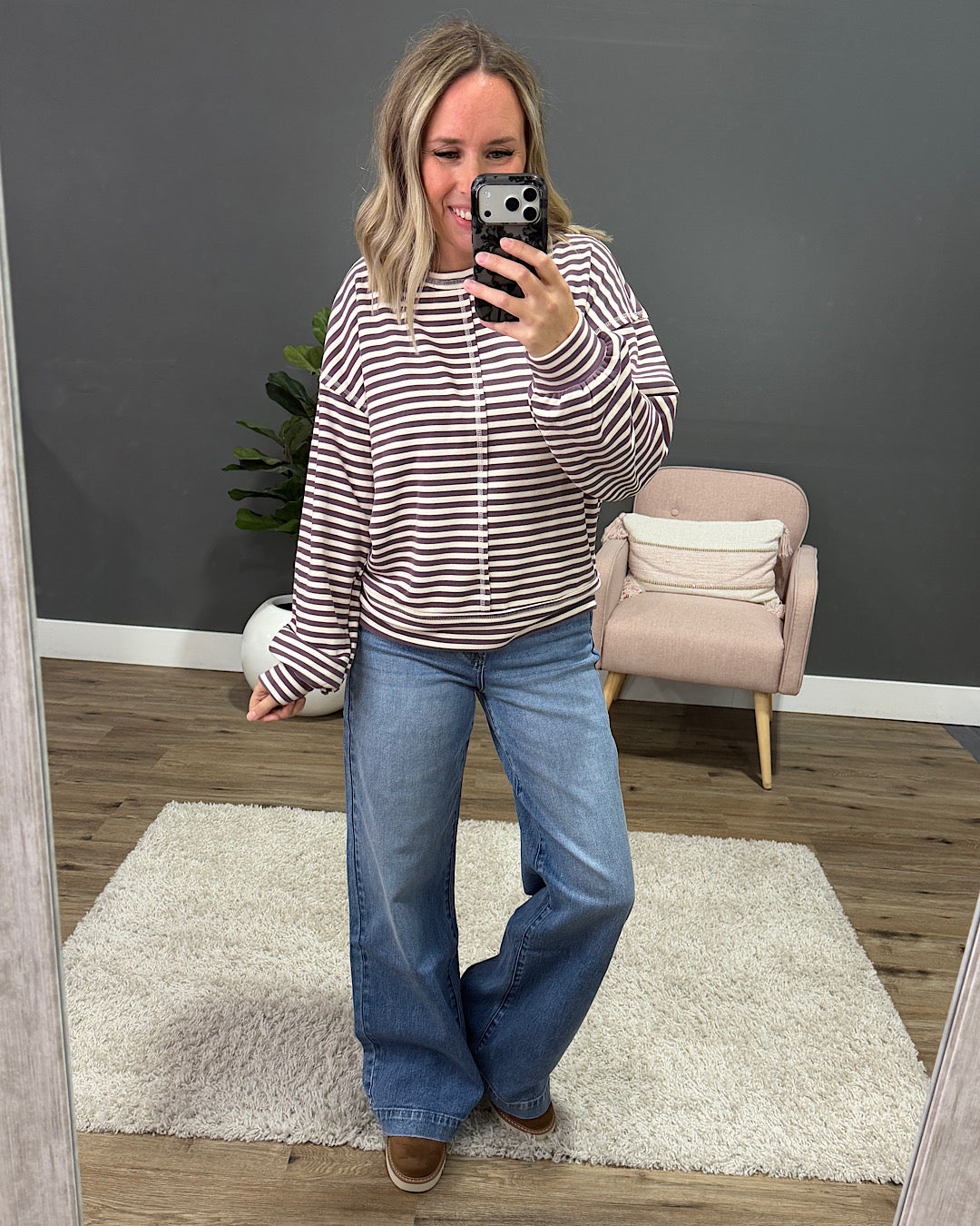 NEW! Kendra Striped Brushed Top - Eggplant Staccato