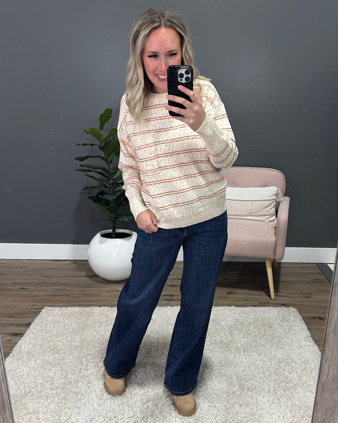 Paisley Rust Striped Pocket Sweater - Oatmeal