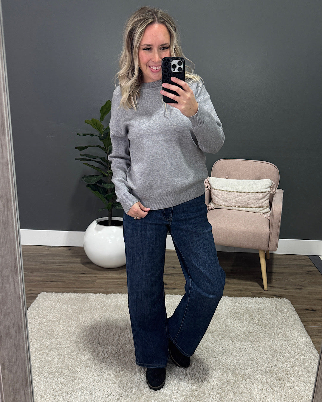 Brielle Drop Shoulder Knit Sweater - Heather Gray