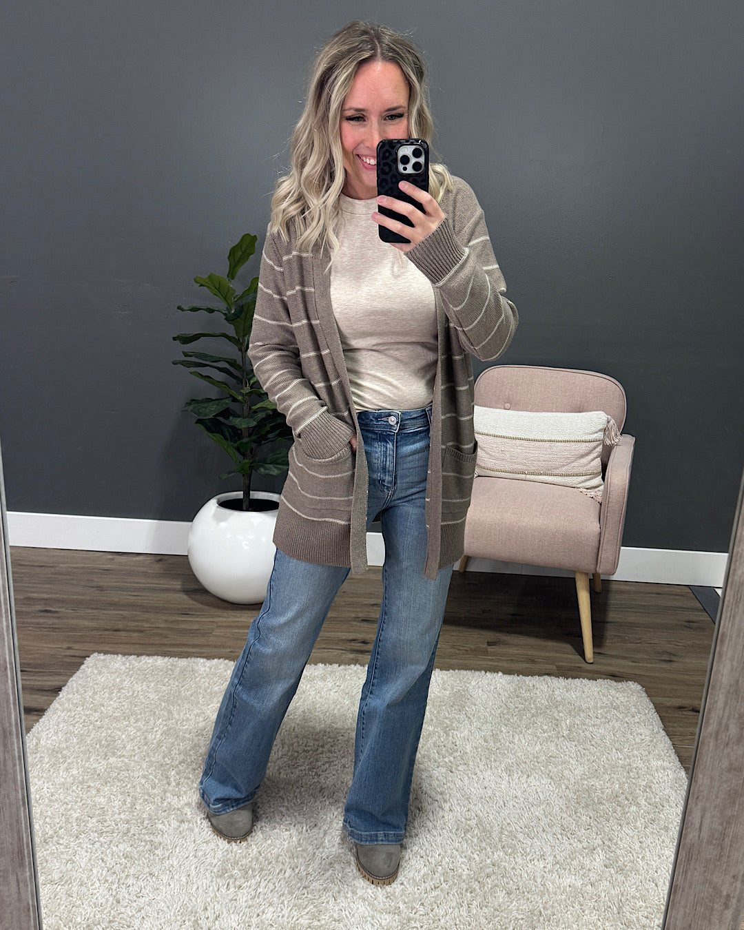 Debbie Striped Open Front Cardigan - Mocha