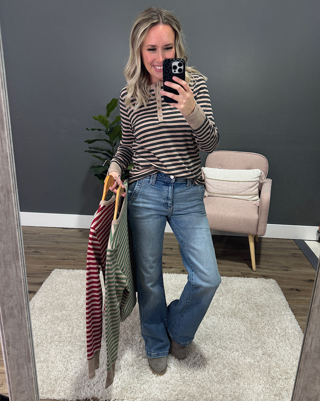 Claudia Striped Henley Top - Sage