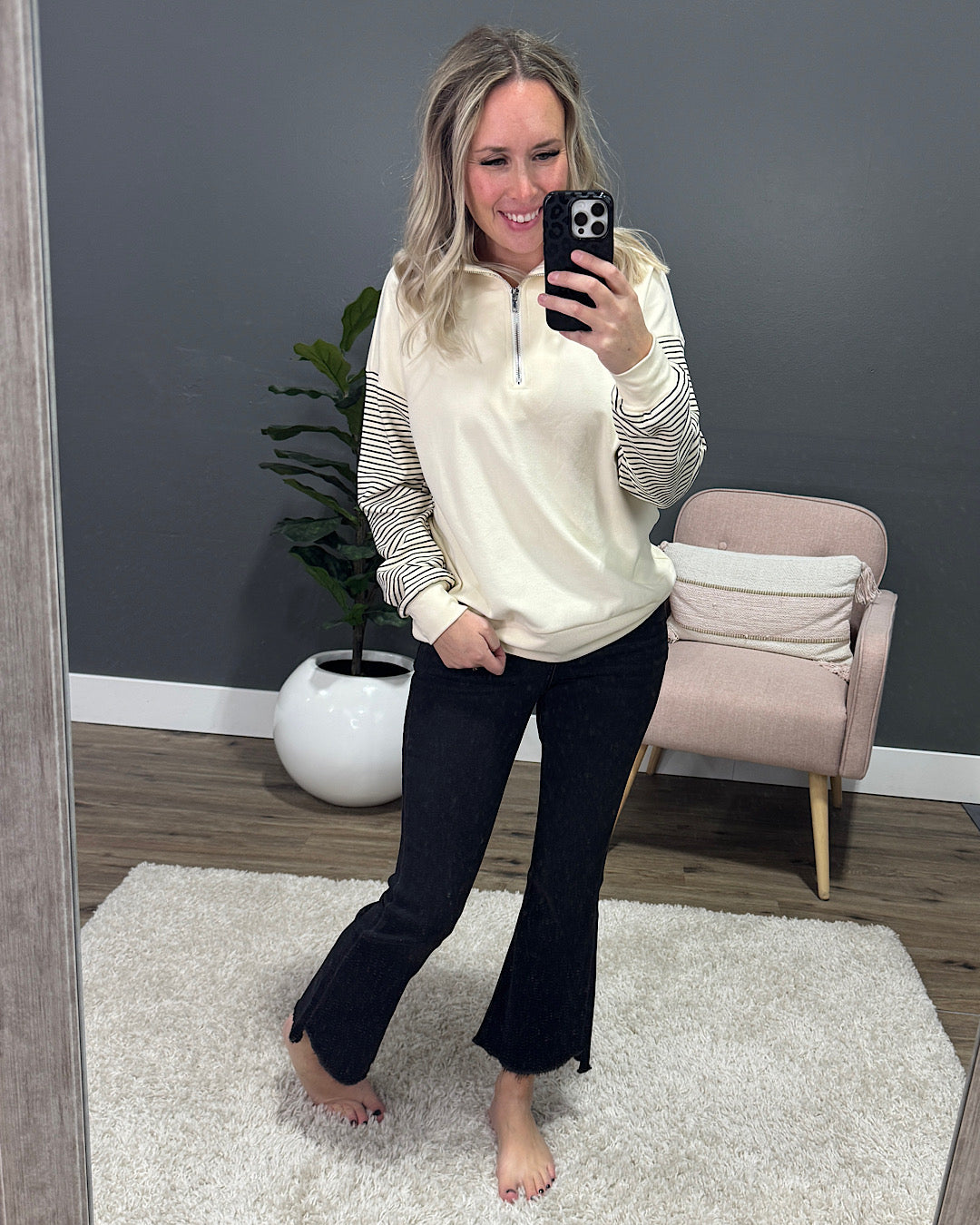 Lily Brushed Striped Sleeve Half Zip Pullover - Cream