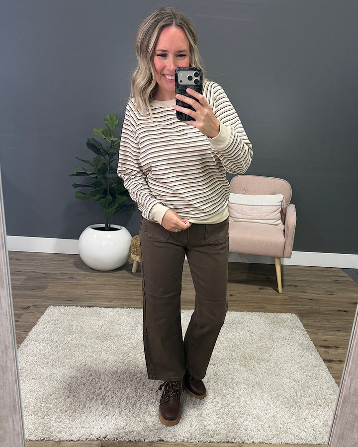 NEW! Jada Micro Brushed Striped Top - Ivory & Brown