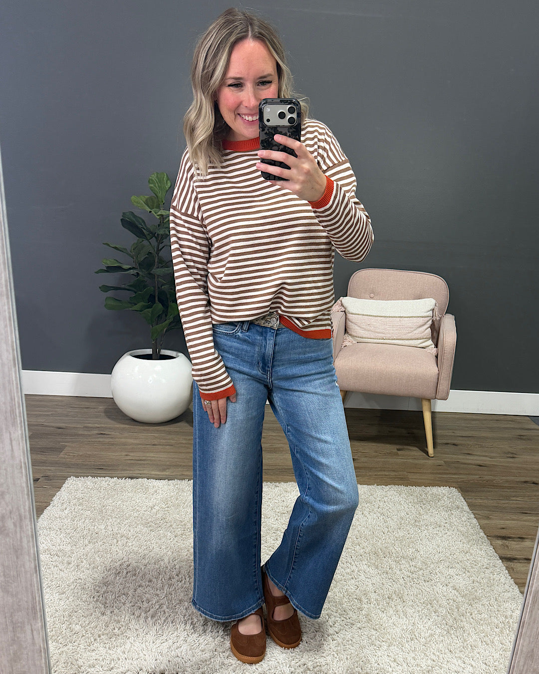 NEW! Kathryn Mocha Striped Side Slit Sweater - Orange