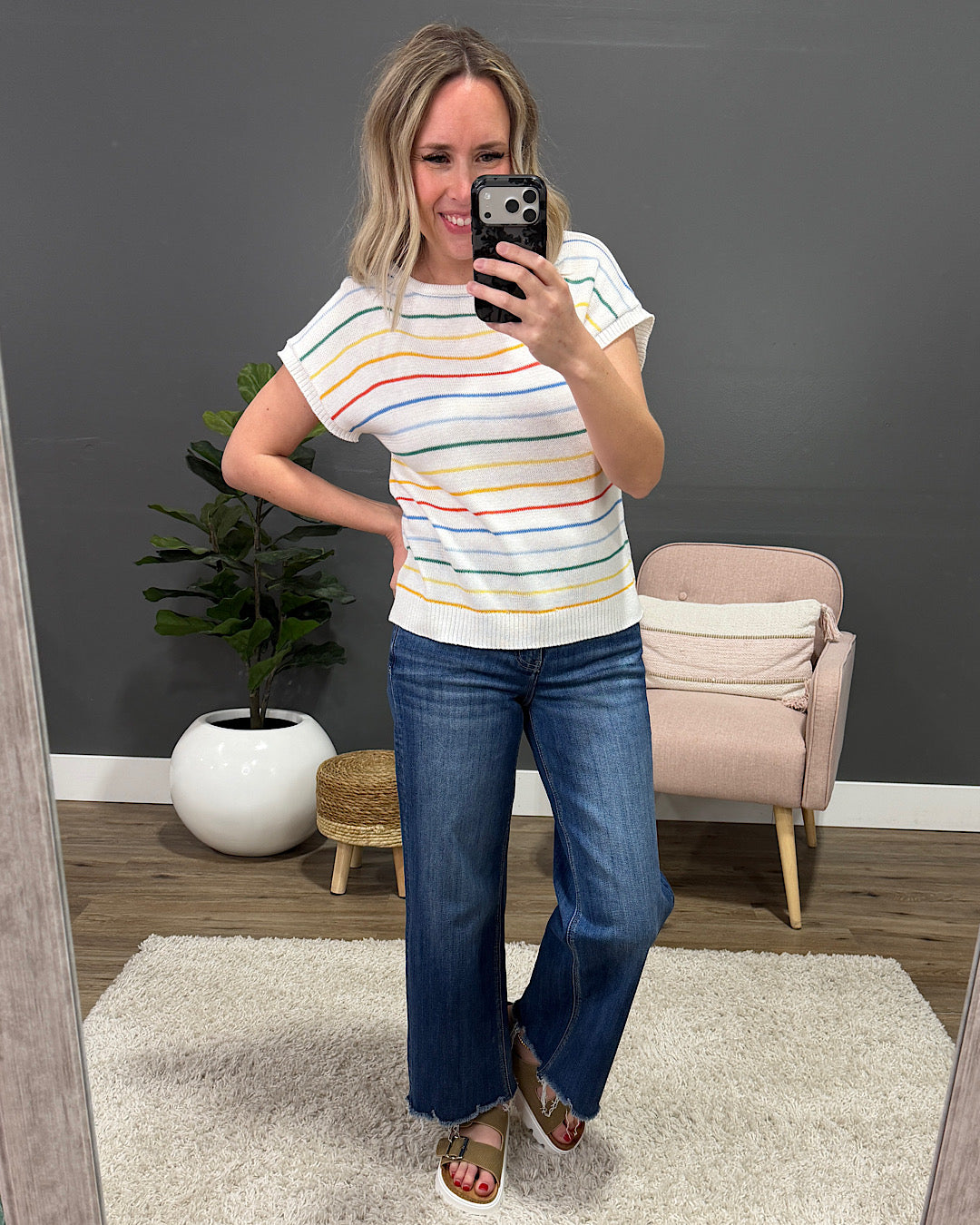 NEW! Ivy Striped Short Sleeve Sweater - Multi Staccato