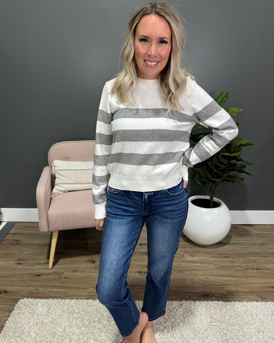 Gloria Striped Sweater - Ivory & Heather Gray