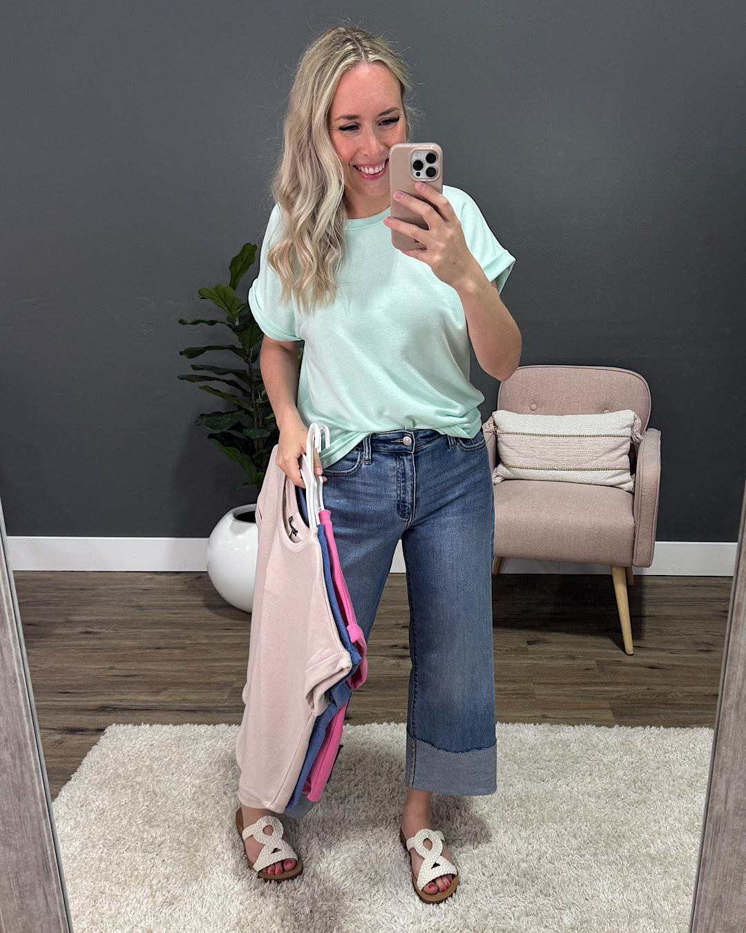 Melissa Roll Sleeve Top - Mint Staccato