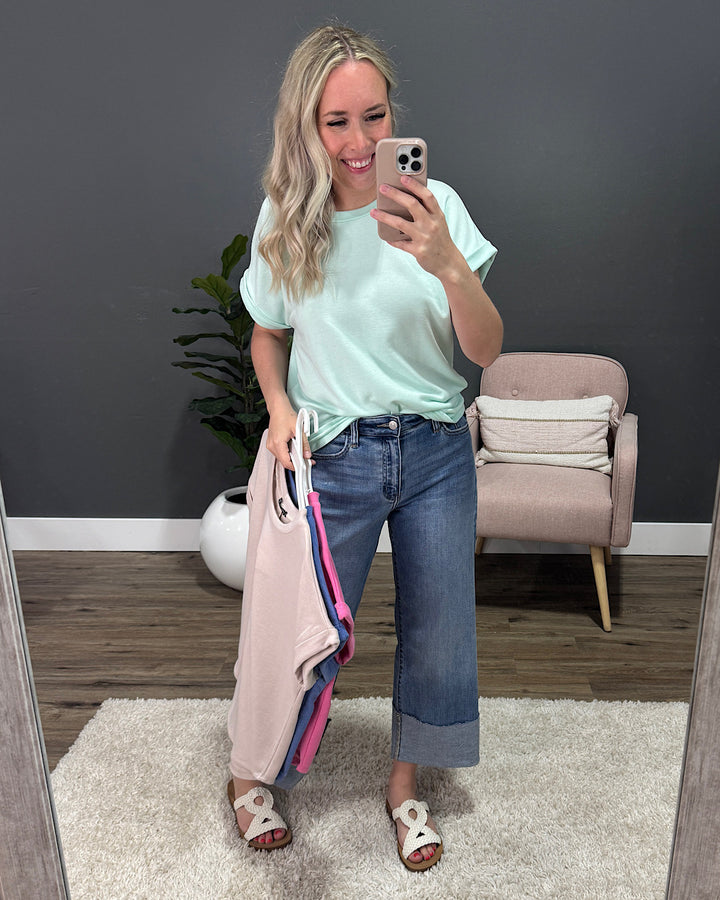 Melissa Roll Sleeve Top - Mint Staccato