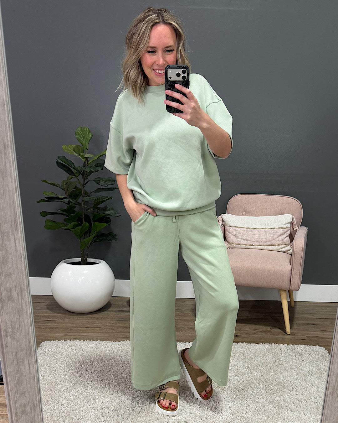 NEW! Kendall Scuba Fabric Wide Leg Pants - Pistachio Cream Rae Mode
