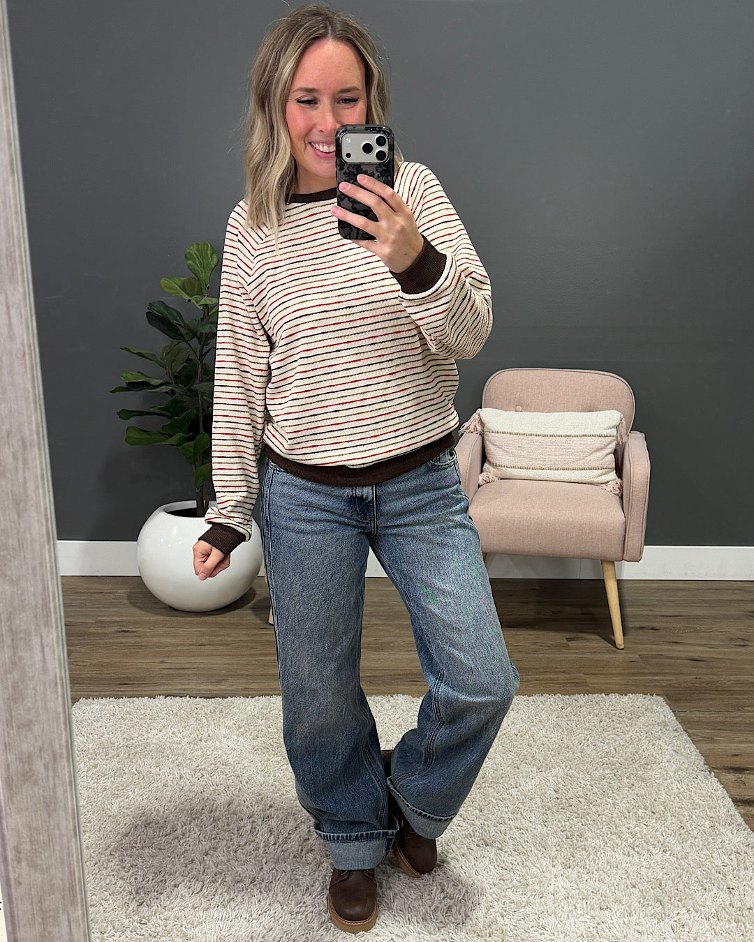 NEW! Kira Striped Raglan Waffle Top - Brown