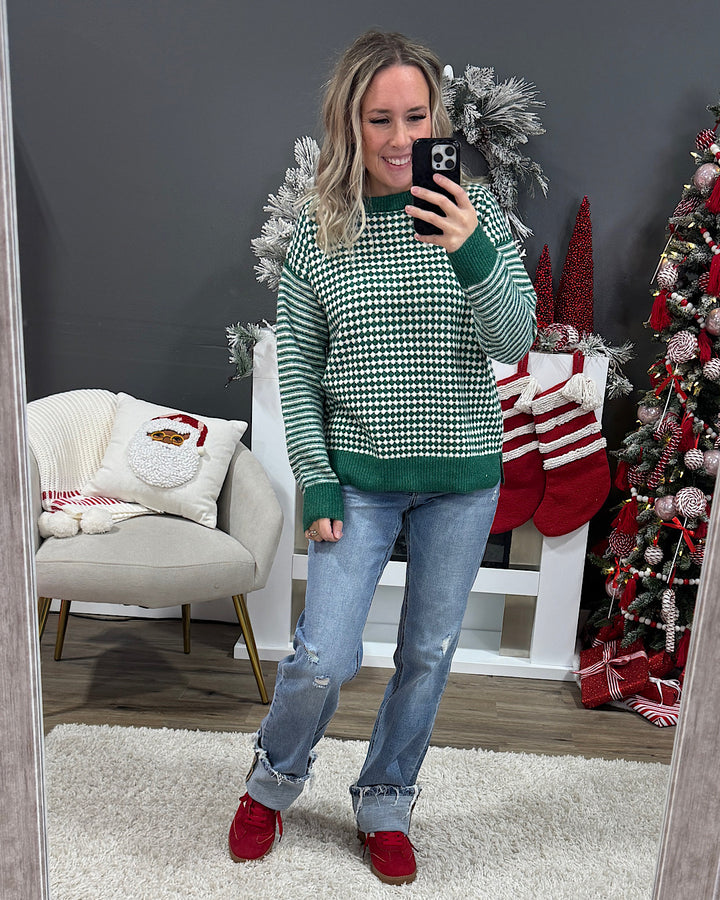 NEW! Home for the Holidays Contrast Pattern Sweater - Green