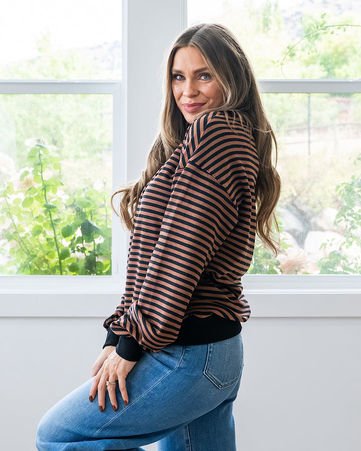 NEW! Ampersand Ave Performance Fleece University Pullover - Chai Stripe