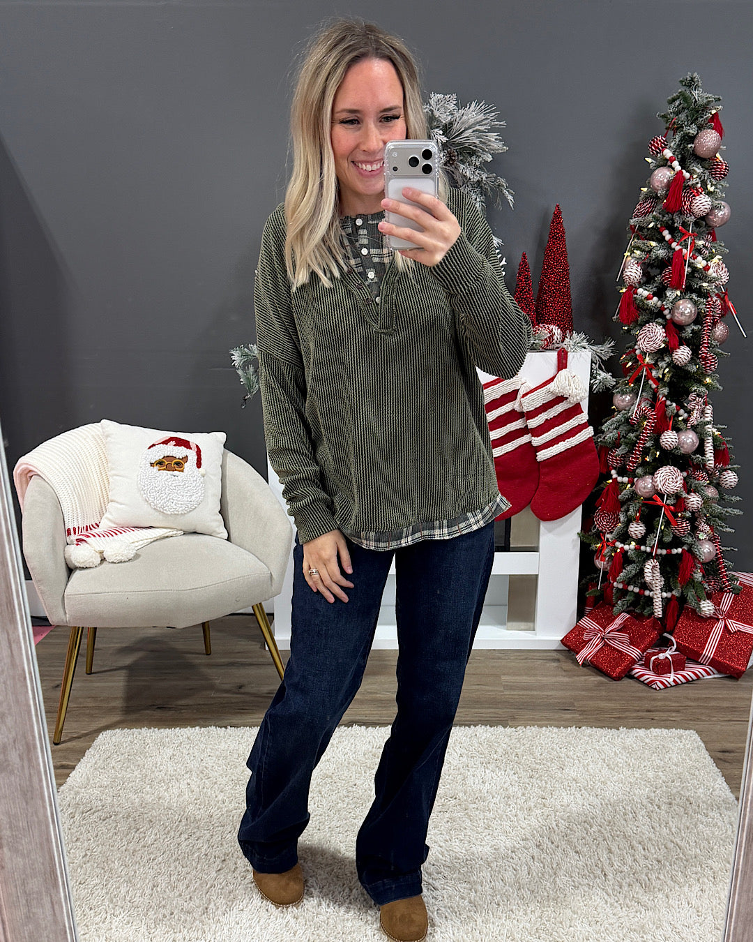 NEW! Gwen Corded Top with Plaid Accents - Olive