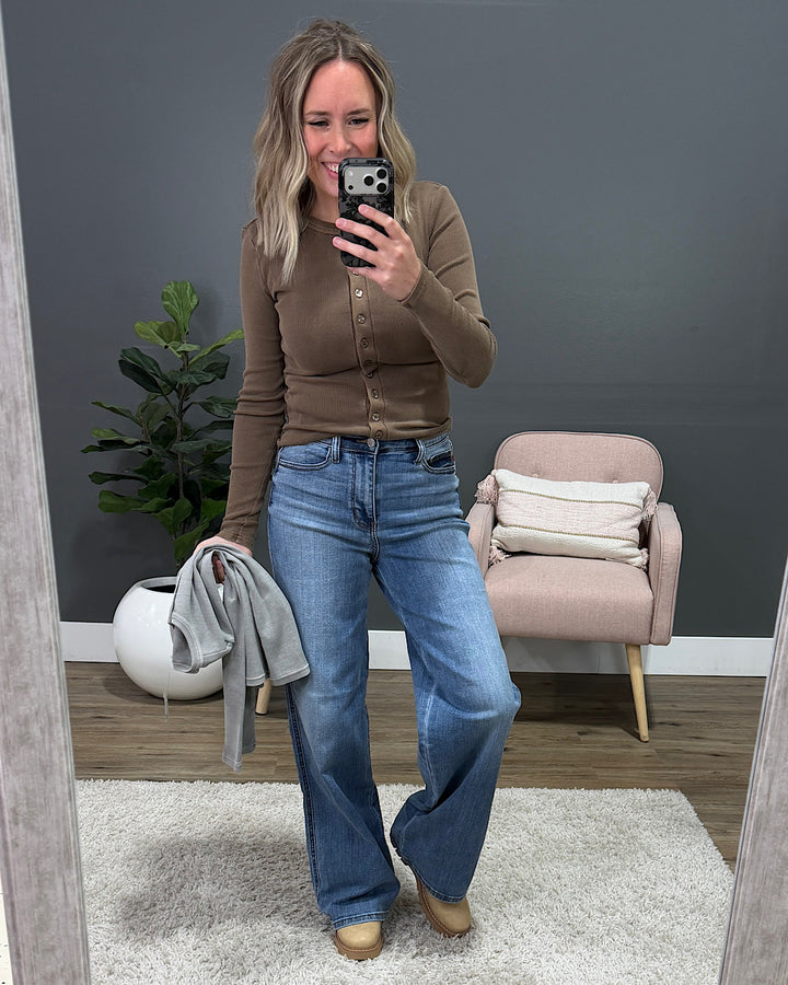NEW! Cecilia Micro Ribbed Button Up Top - Brown