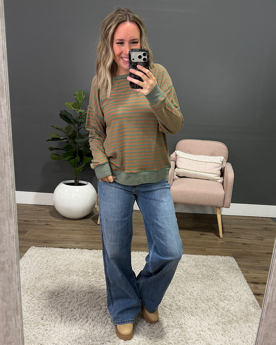NEW! Arielle Brushed Striped Top - Olive