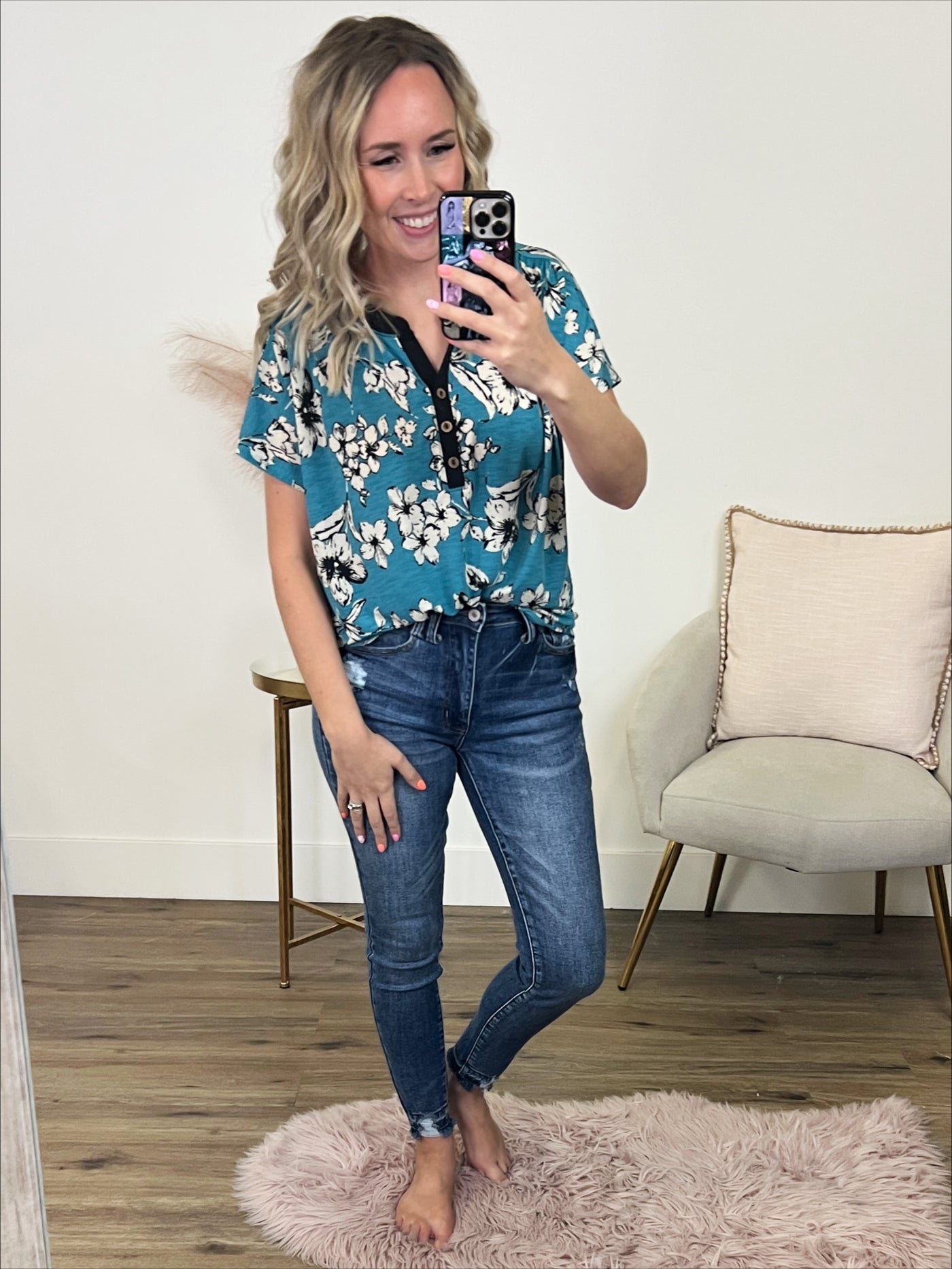 Andrea Floral Drop Shoulder Henley Top - Teal FINAL SALE  Sew In Love   