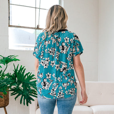 Andrea Floral Drop Shoulder Henley Top - Teal FINAL SALE  Sew In Love   