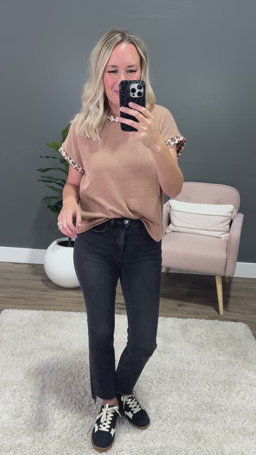 NEW! Amber Corded Top with Leopard Detail - Peanut Butter