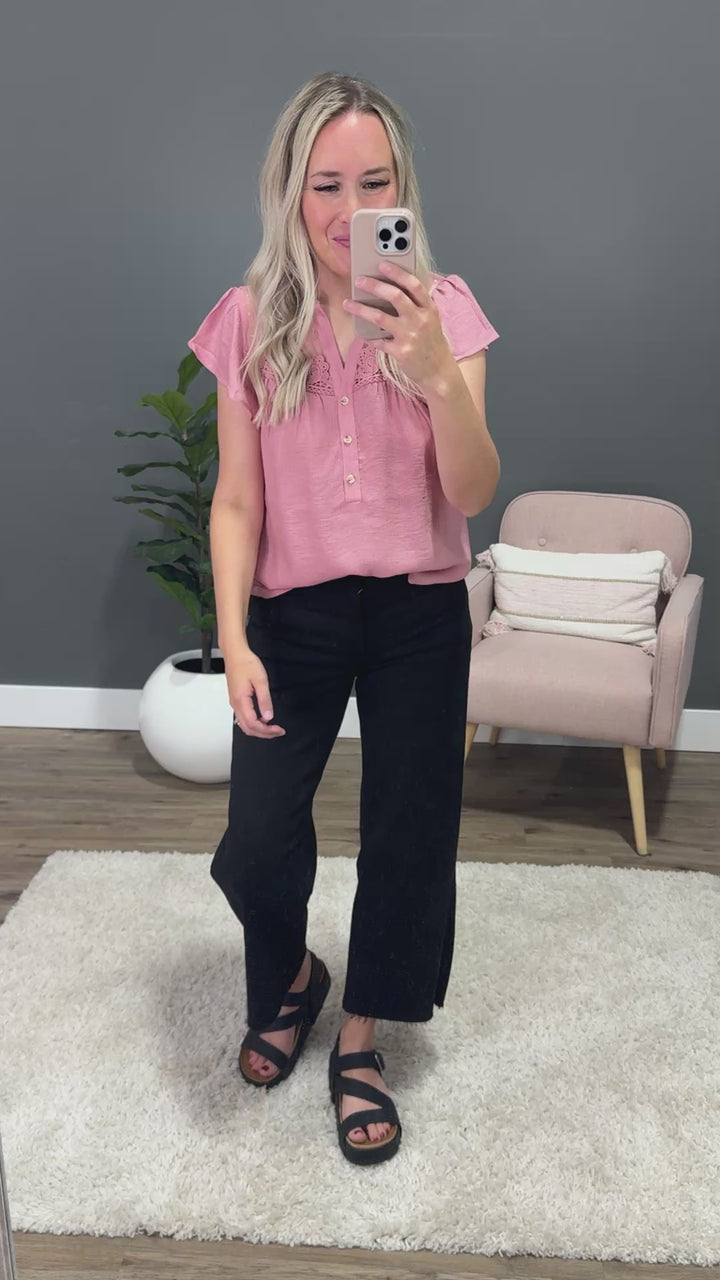 NEW! Evelyn Lace Detail Button Down Top - Mauve Mine