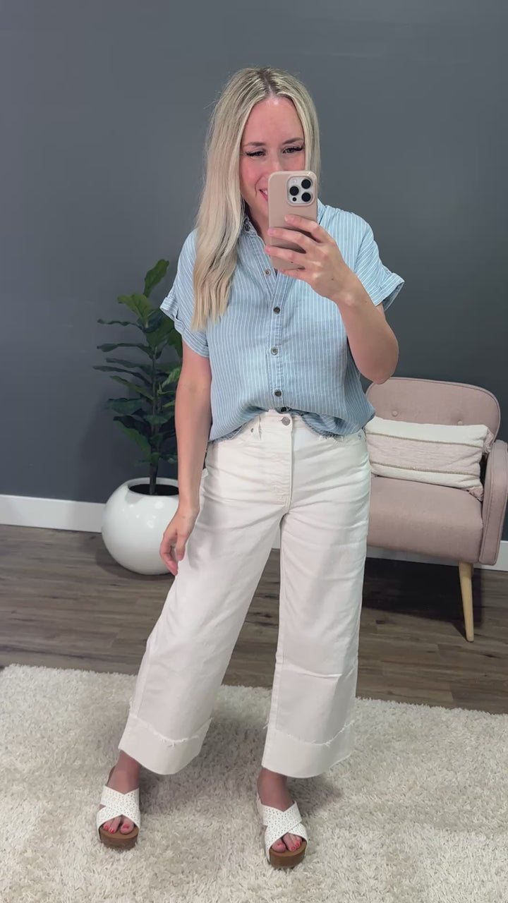 Emmy Blue Striped Tencel Button Up Top Be Cool