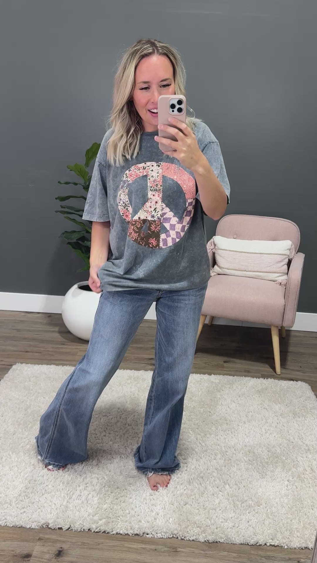 NEW! Patchwork Peace Sign Gray Denim Mineral Wash Tee Zutter