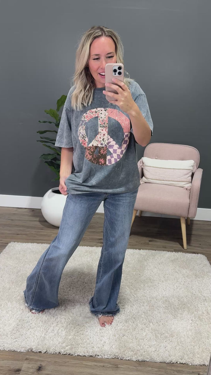 NEW! Patchwork Peace Sign Gray Denim Mineral Wash Tee Zutter