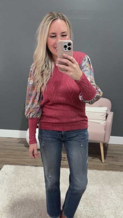 NEW! Jessie Cable Knit with Floral Sleeve Top - Dark Mauve