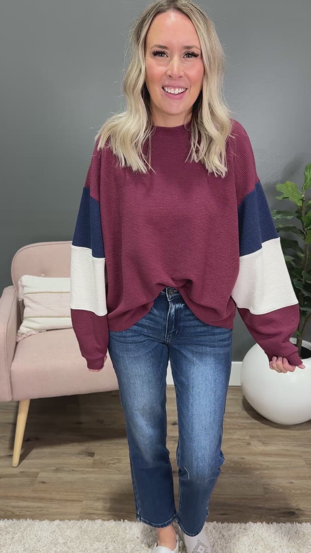 Molly Color Block Cloud Knit Top - Wine, Navy & Cream