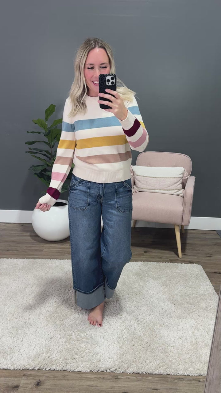 NEW! Fall in Love Striped Sweater - Teal Multi Be Cool