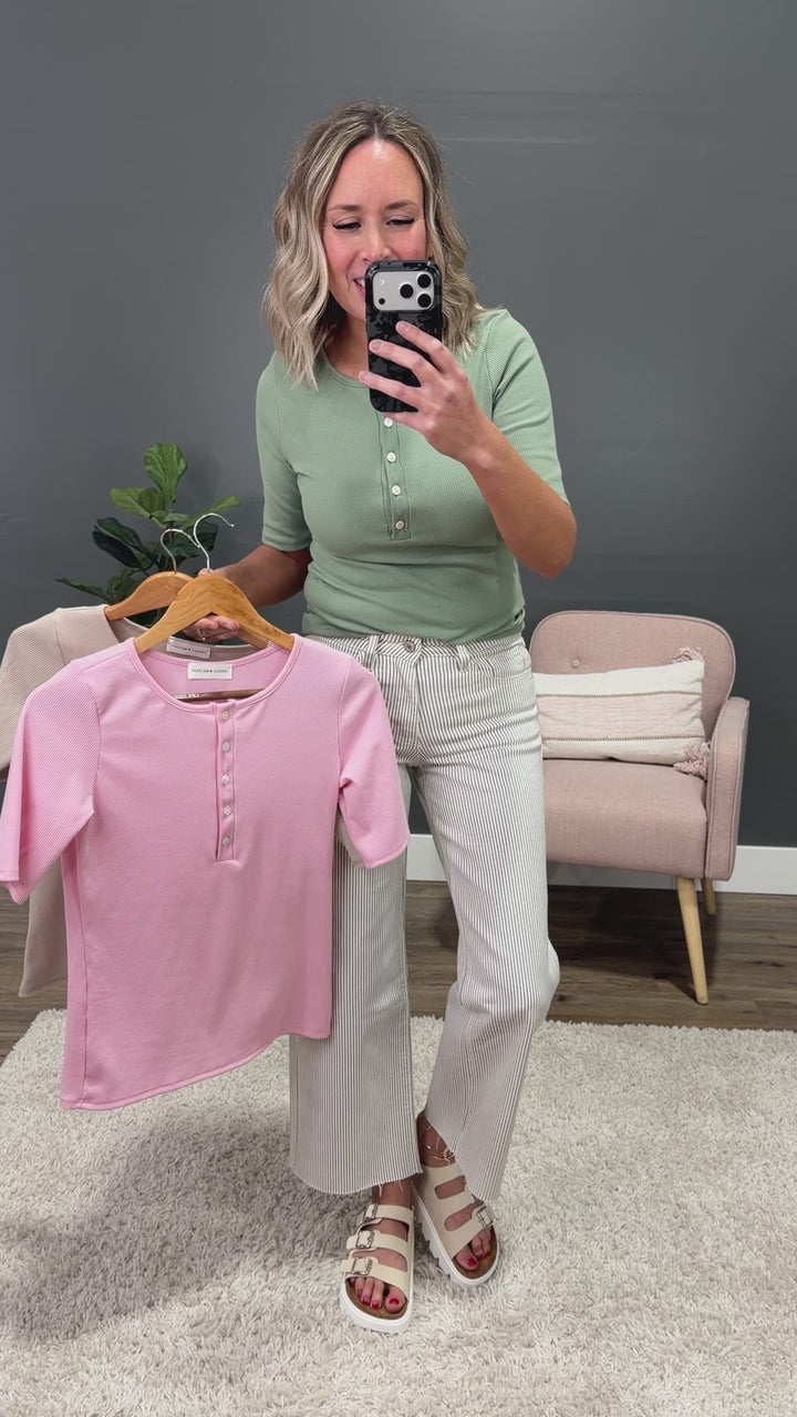 Emmy Micro Ribbed Henley Top - Pink Lovely Melody